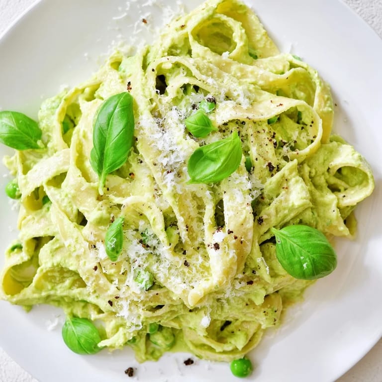 A close-up of Creamy Green Pea Alfredo with steam rising from the vibrant sauce.  