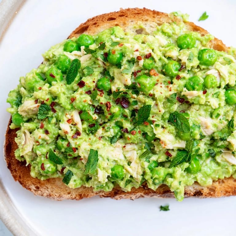 A rustic plate with four servings of Smashed Pea & Chicken Toast, garnished with crumbled feta, chili flakes, and a lemon wedge on the side.