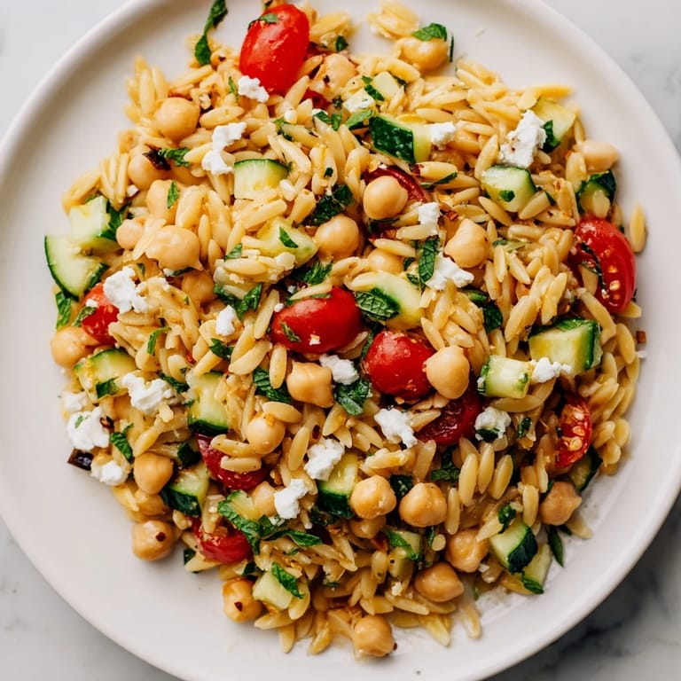 Tender orzo and protein-rich chickpeas tossed with red onion, mint, and parsley, drizzled with zesty lemon dressing.