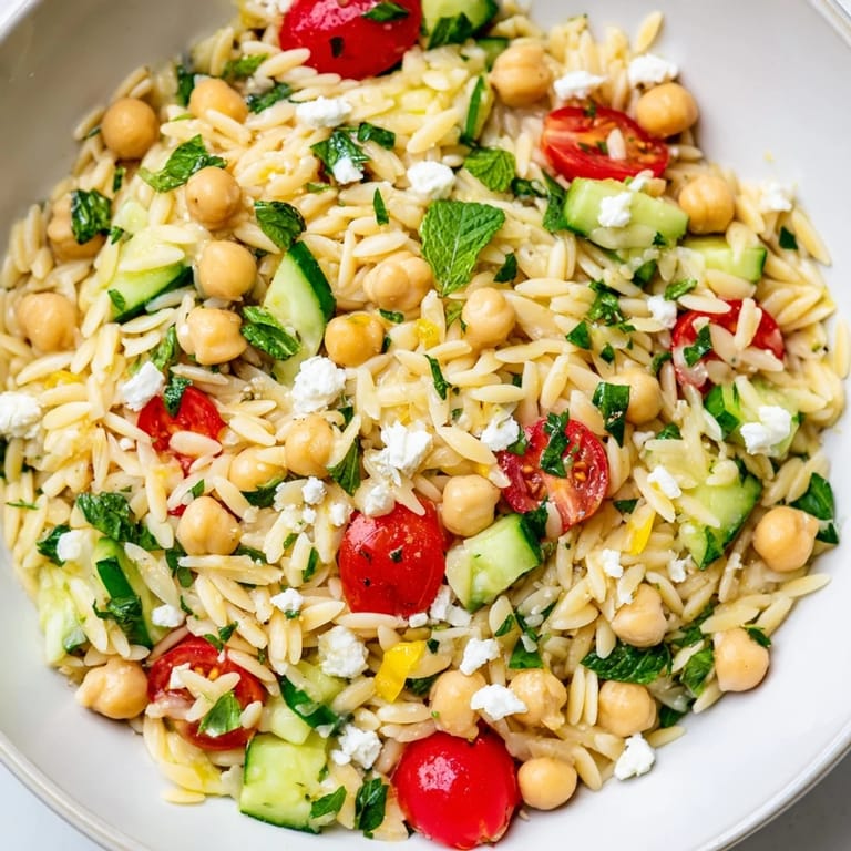 A chilled bowl of Lemony Chickpea Orzo Salad with cherry tomatoes and crumbled feta, ready for a sunny picnic.
