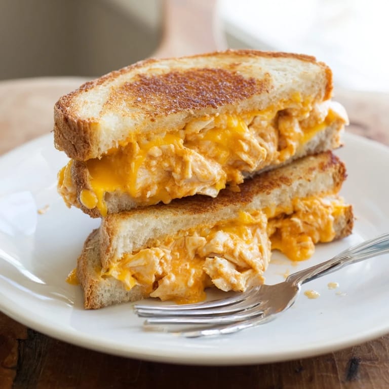 A rustic platter holding a cut Buffalo Chicken Ranch Grilled Cheese, garnished with fresh green onions, ready to serve for a hearty lunch.