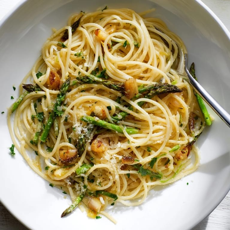 Vibrant spring pasta dish features roasted garlic, asparagus, and spaghetti tossed with olive oil, ready to serve as a vegetarian main.