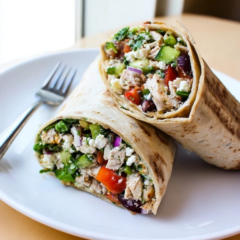 A vibrant Mediterranean lunch wrap packed with juicy marinated chicken, crunchy cucumbers, olives, and crumbled feta cheese.