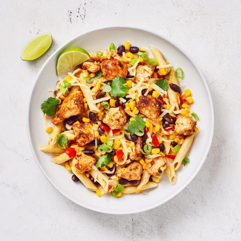 A steaming skillet of Crispy Chicken Burrito Pasta is garnished with cilantro, spring onions, sour cream, and lime.