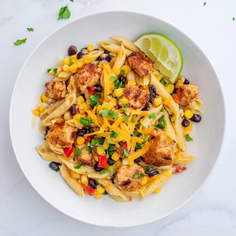 Close-up of golden-brown Crispy Chicken Burrito Pasta with black beans, corn, and peppers in a one-pan skillet.