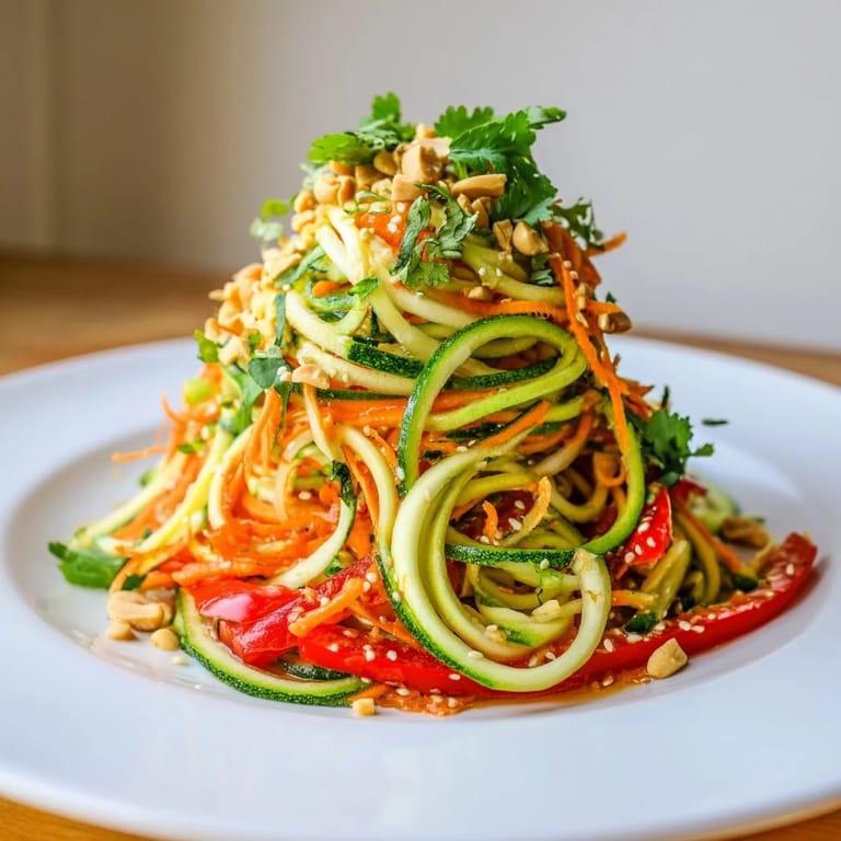 Fresh Raw Vegetable Noodle Salad served in a white bowl, topped with toasted sesame seeds and chopped peanuts for crunch.  