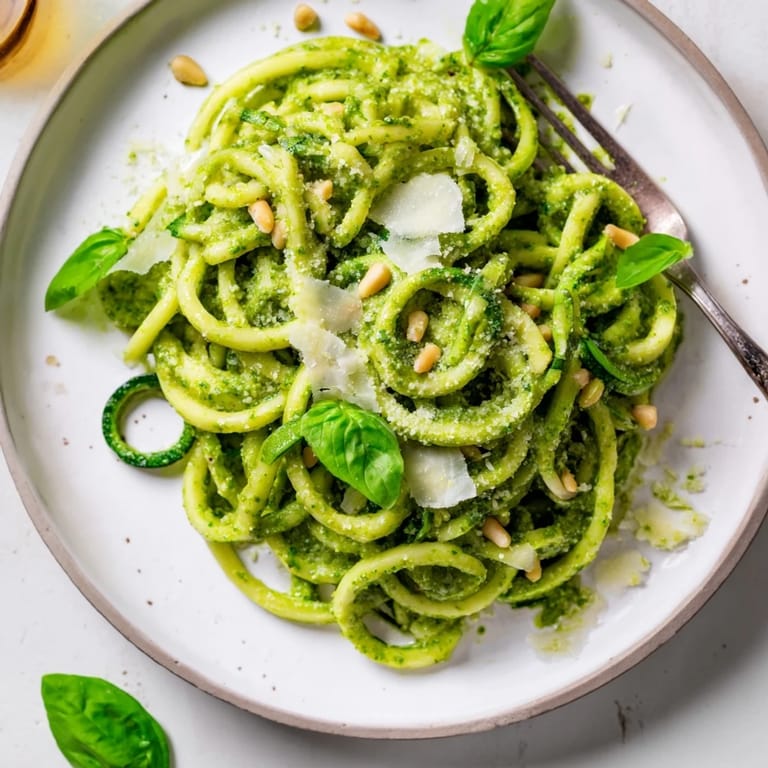 A close-up of homemade basil pesto tossed with spiralized zucchini noodles, garnished with pine nuts and red pepper flakes.  