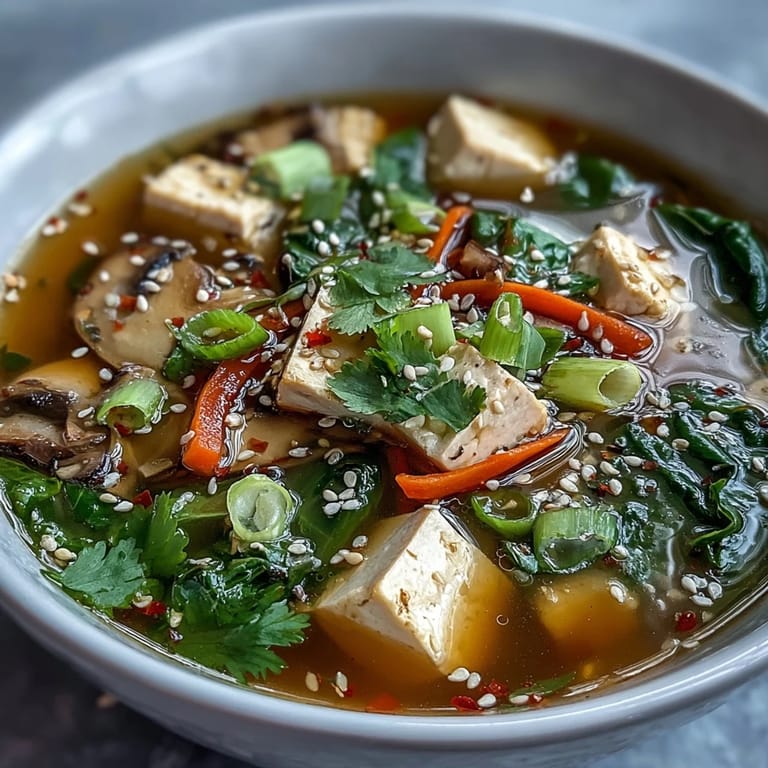 Hearty Tofu and Vegetable Soup served hot, garnished with fresh cilantro and sesame seeds.