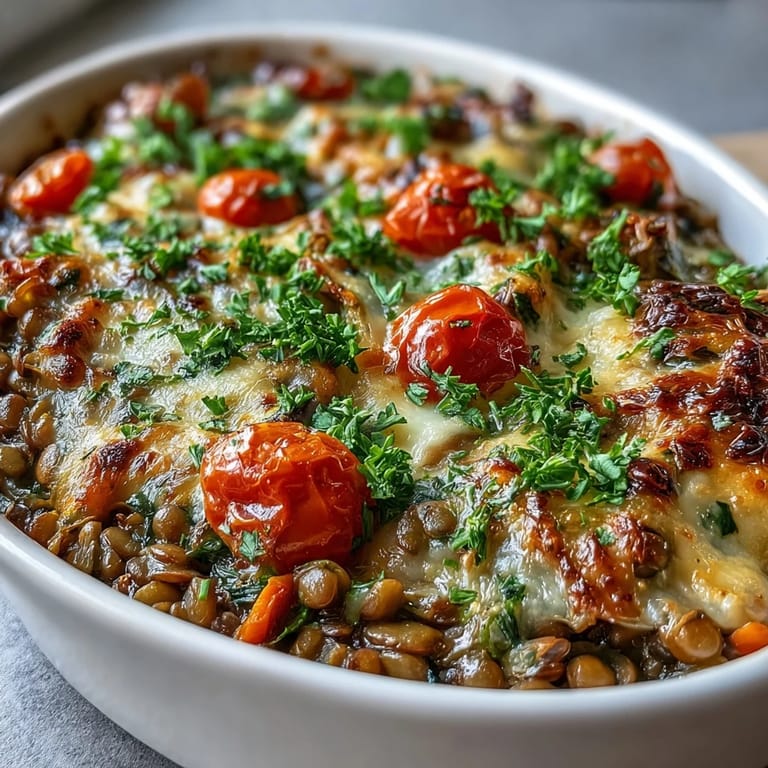 Comforting oven-baked green lentil and vegetable casserole, a flavorful vegetarian main.