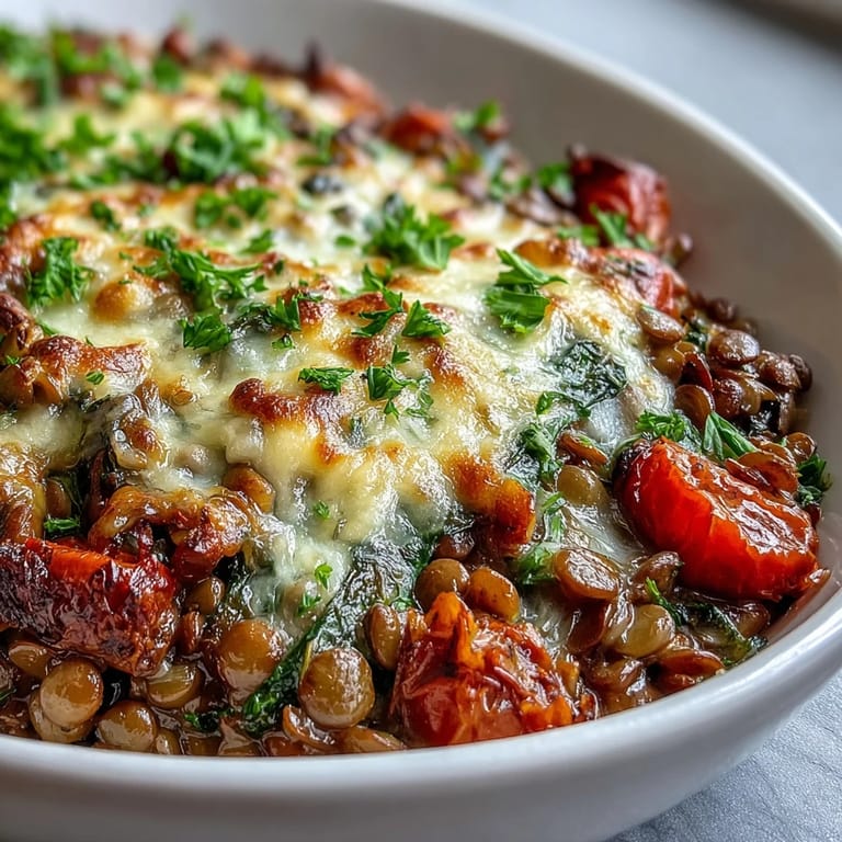 Savor this rustic green lentil and vegetable casserole, perfect served with fresh parsley.