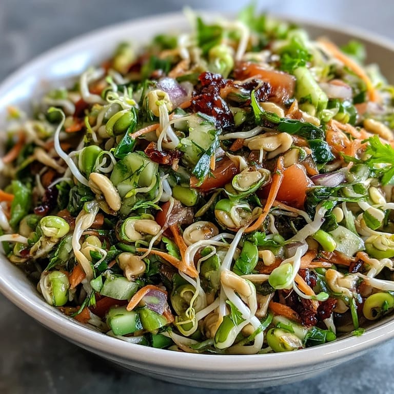 Overhead view of the nutrient-packed Sprouted Seed Salad, ready to serve as a healthy side dish with a light, zesty olive oil dressing.