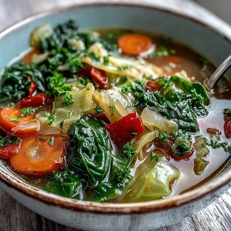 Homemade Cabbage Soup simmering in a large pot, packed with diced tomatoes, onions, and vibrant red bell peppers for a hearty vegan meal prep.
