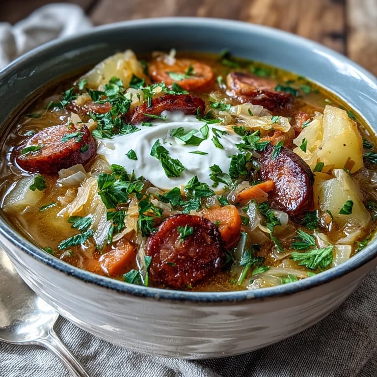 Vibrant Sauerkraut Soup garnished with parsley, showing tender vegetables and tangy fermented cabbage in a cozy setting.