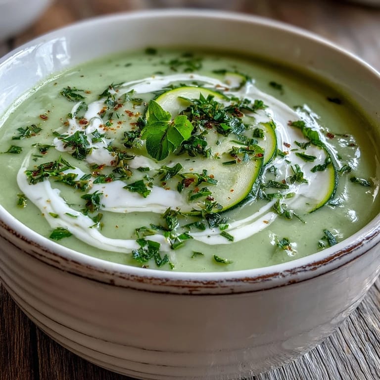 Silky blended Zucchini Soup garnished with basil and parsley, served as a warm starter.