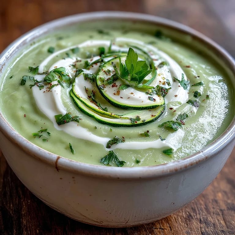 Vibrant green Zucchini Soup in a pottery bowl, drizzled with olive oil and herbs.