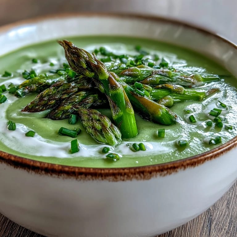 Elegant bowl of asparagus soup with chopped chives and a rustic bread slice on the side.