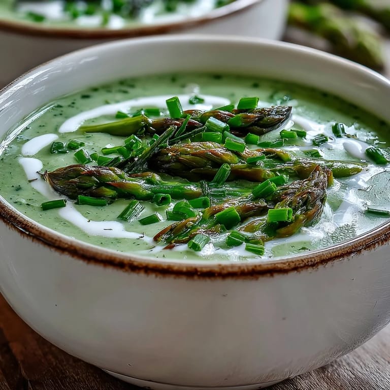 Silky smooth asparagus soup garnished with bright green tips and a drizzle of cream.