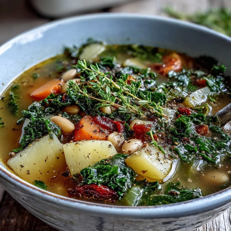 Healthy Kale Soup ladle into a rustic bowl, garnished into a rustic bowl, garnished with lemon and herbs.