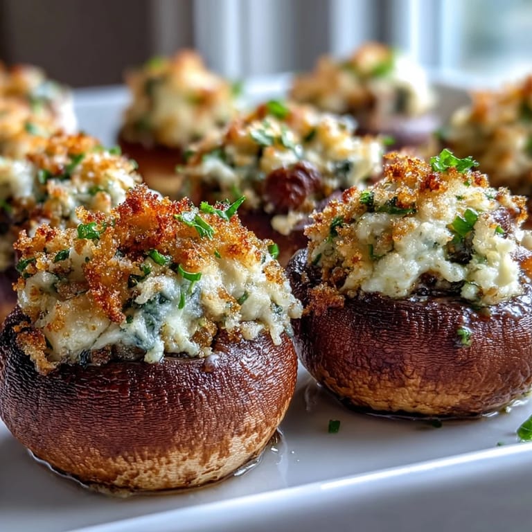 Freshly prepared Stuffed Asiago-Basil Mushrooms showcase golden, crunchy breadcrumb toppings and vibrant basil flecks on appetizer platters, ready for festive party gatherings.