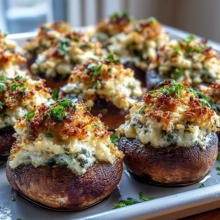 A close-up view of Stuffed Asiago-Basil Mushrooms reveals creamy, savory filling spilling from tender caps, paired with crisp white wine for an elegant serving suggestion.