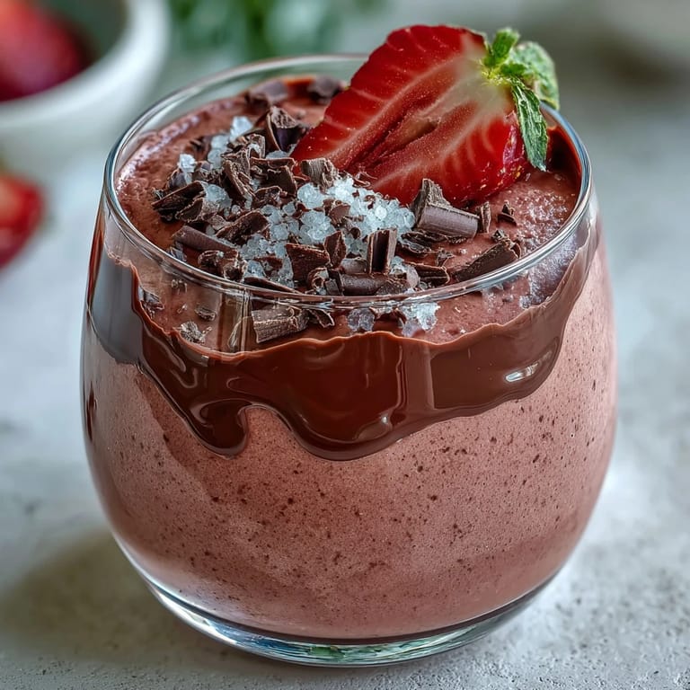 Indulgent Chocolate-Covered Strawberry Mousse served in a stemless wine glass, revealing a rich ganache and strawberry mousse layer.