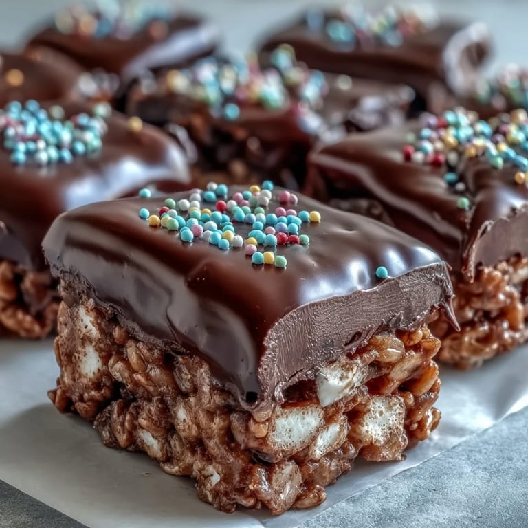 A close-up slice of Chocolate Covered Rice Krispy Treats reveals a thick, crunchy cereal base beneath a rich, melted chocolate layer.