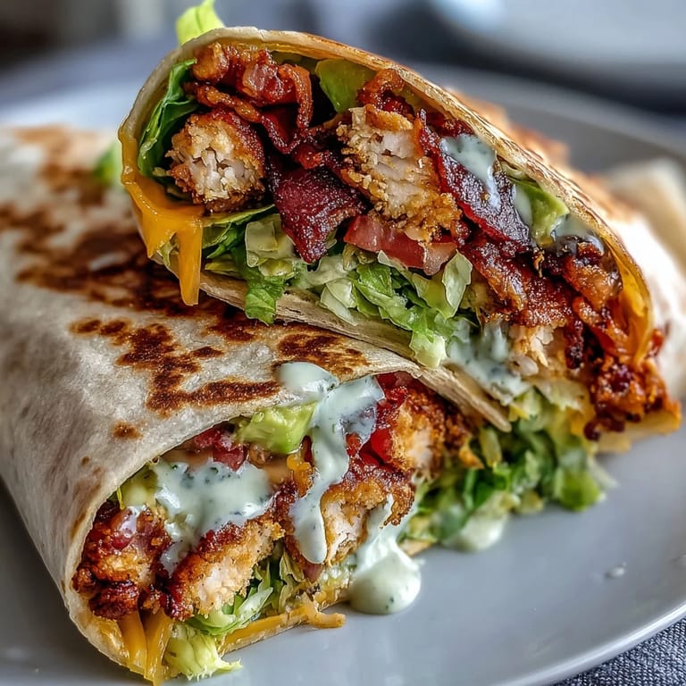 Freshly cooked Crispy Chicken Bacon Wrap resting on a wooden board, showcasing its toasted tortilla and juicy chicken inside.