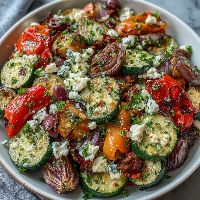 Juicy roasted tomatoes and herbs in this Roasted Mediterranean Greek Vegetables dish, served warm with lemon zest.