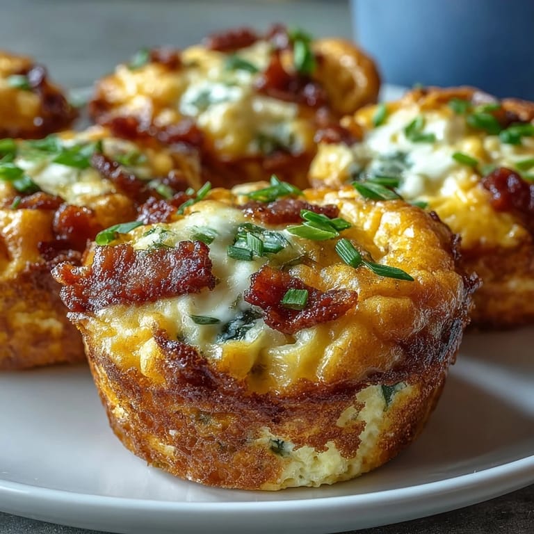 A close-up of golden-brown Breakfast Egg Muffins, packed with savory bacon and diced peppers, perfect for a gluten-free breakfast.