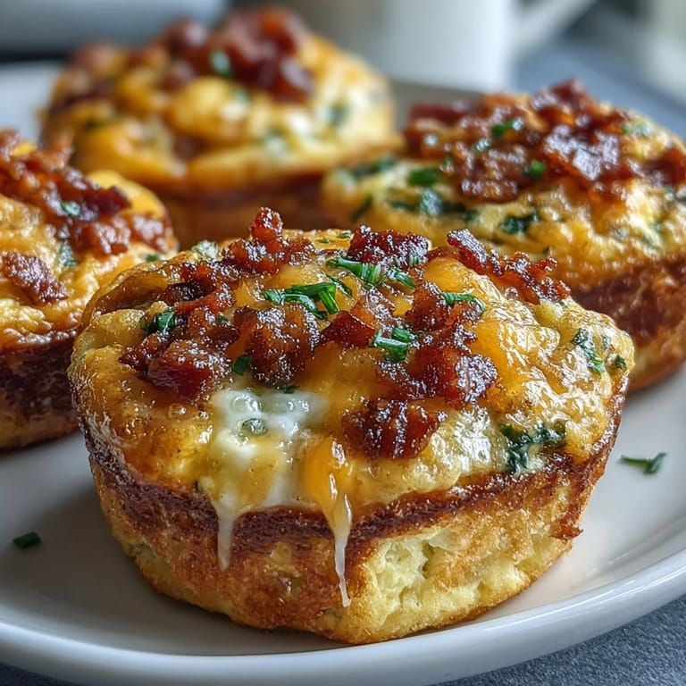 Golden-brown Breakfast Egg Muffins with melted cheddar cheese and crispy bacon bits, resting on a white plate, ready to serve.