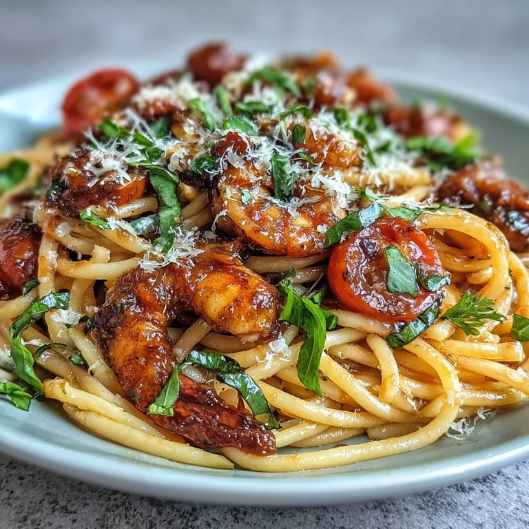 A close-up of vibrant Italian Drunken Noodles, showcasing plump shrimp, garlic, and onions sautéed in a bold red wine sauce, finished with fresh herbs and cheese.