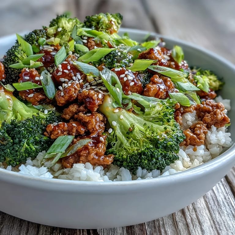 Ready-to-eat sweet and spicy turkey broccoli bowls served on a white plate. A fork rests beside steamed broccoli and ground turkey coated in a honey-sriracha glaze.