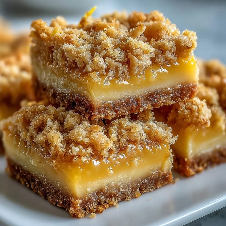 Close-up of Homemade Lemon Crumb Bars showcasing the tender, gooey lemon layer and buttery crumble texture.