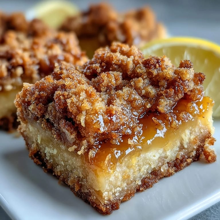 Sliced Homemade Lemon Crumb Bars on a plate, dusted with powdered sugar and ready to serve.