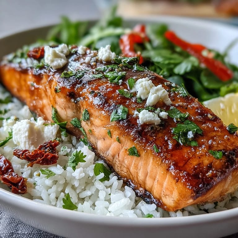A fork lifts a flaky piece of salmon from the Mediterranean Salmon Bowl, revealing sun-dried tomatoes and fresh cilantro on the bed of rice.