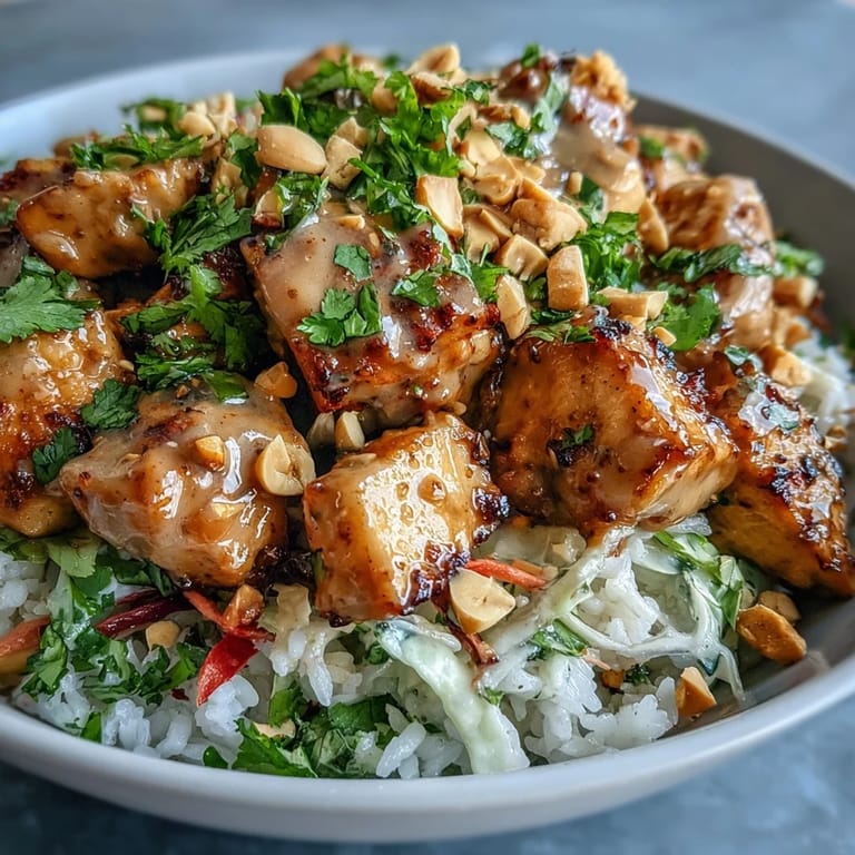 Serve this wholesome Peanut Chicken Protein Bowl hot with lime wedges and extra peanuts, a satisfying high-protein lunch for any day.
