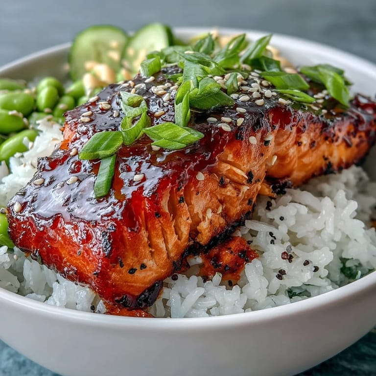 Sweet and spicy Honey Sriracha Salmon Bowl features flaky fish over rice with crisp veggies, drizzled with tangy spicy mayonnaise.