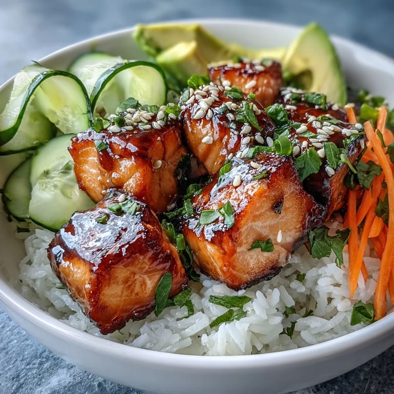 A healthy Baked Salmon Rice Bowl features perfectly roasted salmon over jasmine rice, topped with edamame, green onions, and sesame seeds for a quick dinner.