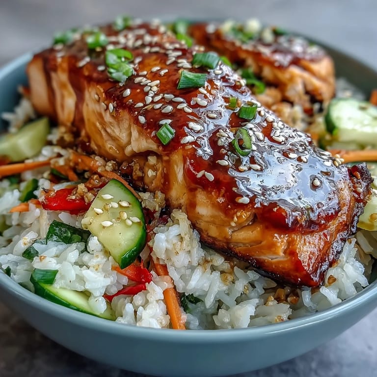 Close-up view of an Asian-Inspired Salmon Bowl drizzled with soy-ginger glaze and garnished with fresh scallions.