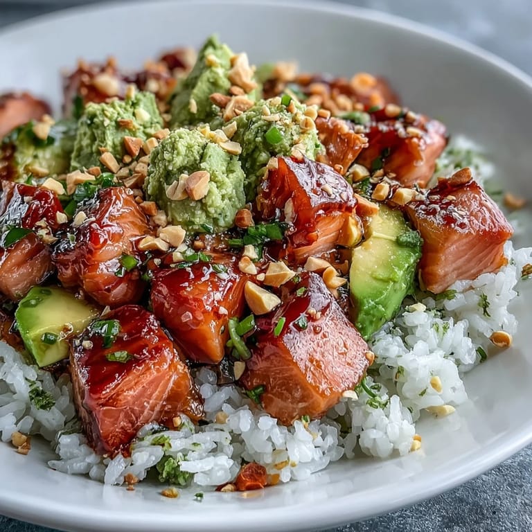 Avocado Salmon Bowl topped with crunchy peanuts, nori strips, and zesty wasabi drizzle.