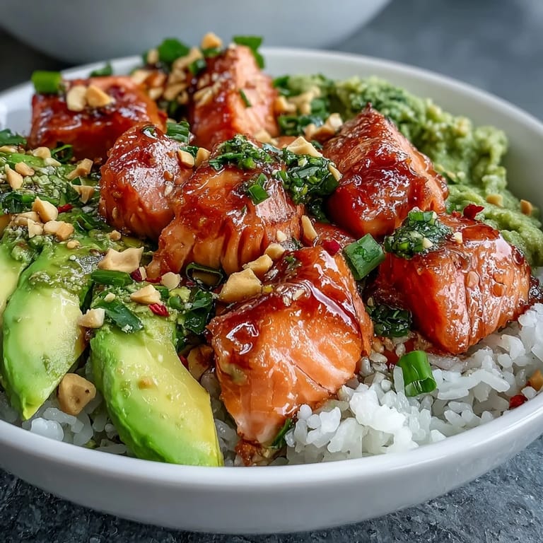 Fresh Avocado Salmon Bowl with cucumber, spring onions, lime wedges, and chili oil.