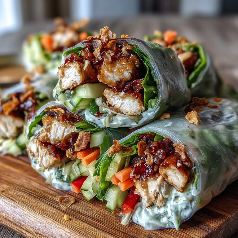 Rice Paper Roll Bowl features grilled chicken and creamy peanut sauce drizzled over herbs, peanuts, and lime wedges for bright flavor.