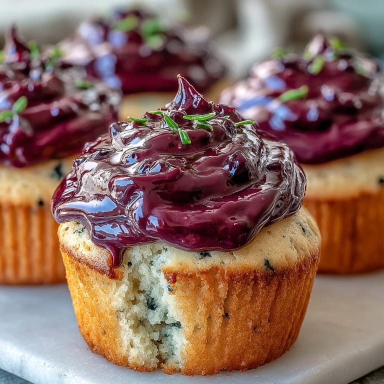 Twelve Olive Oil Cupcakes With Black Currant Frosting are lined up, each crowned with tangy cream cheese frosting, ideal for an afternoon tea party or gathering.