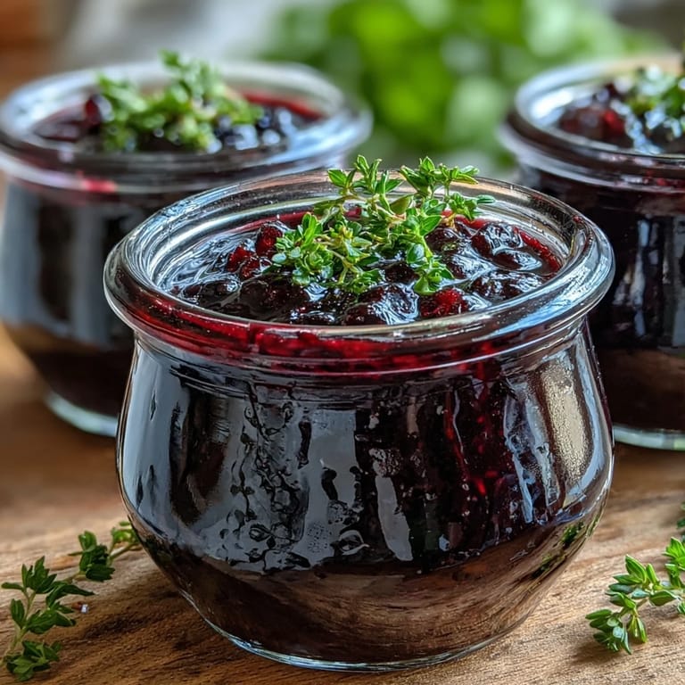Freshly whisked Black Currant Vinaigrette in a glass jar, featuring minced shallots and olive oil.