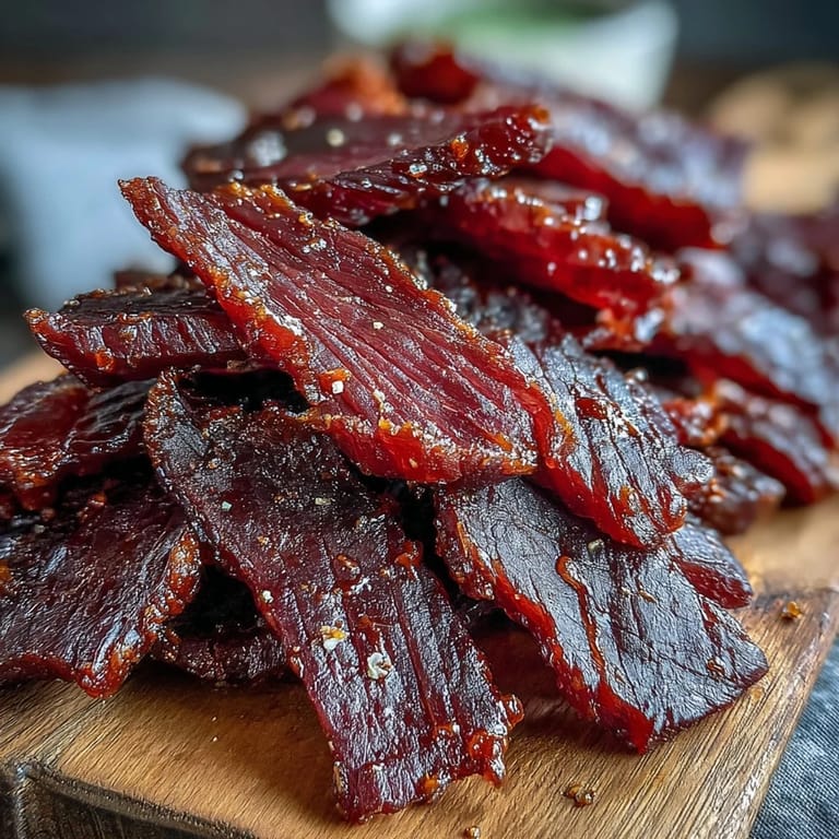 Homemade Black Currant Jerky glistening with BBQ glaze, a high protein snack perfect for game day.