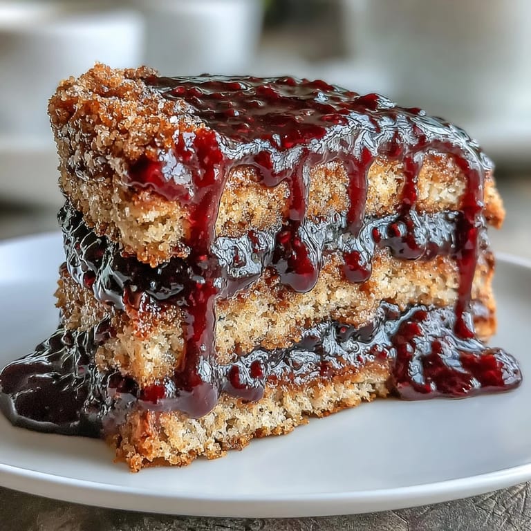 Golden PB and J Cake With Black Currant Sauce sits beside fresh berries and a glass of cold milk.