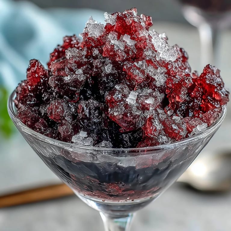 Glistening, icy crystals of Black Currant Granita in a white bowl, topped with fresh mint and whole berries.