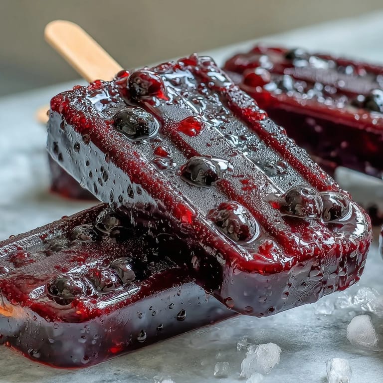 Thirsty summer scene featuring dripping Black Currant Popsicles on a striped napkin, ready to be enjoyed as a refreshing vegan treat.