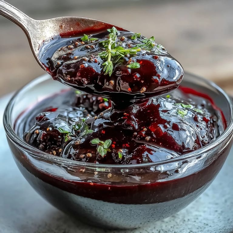 A small glass bowl filled with dark Black Currant Reduction, surrounded by fresh thyme sprigs and whole currants.
