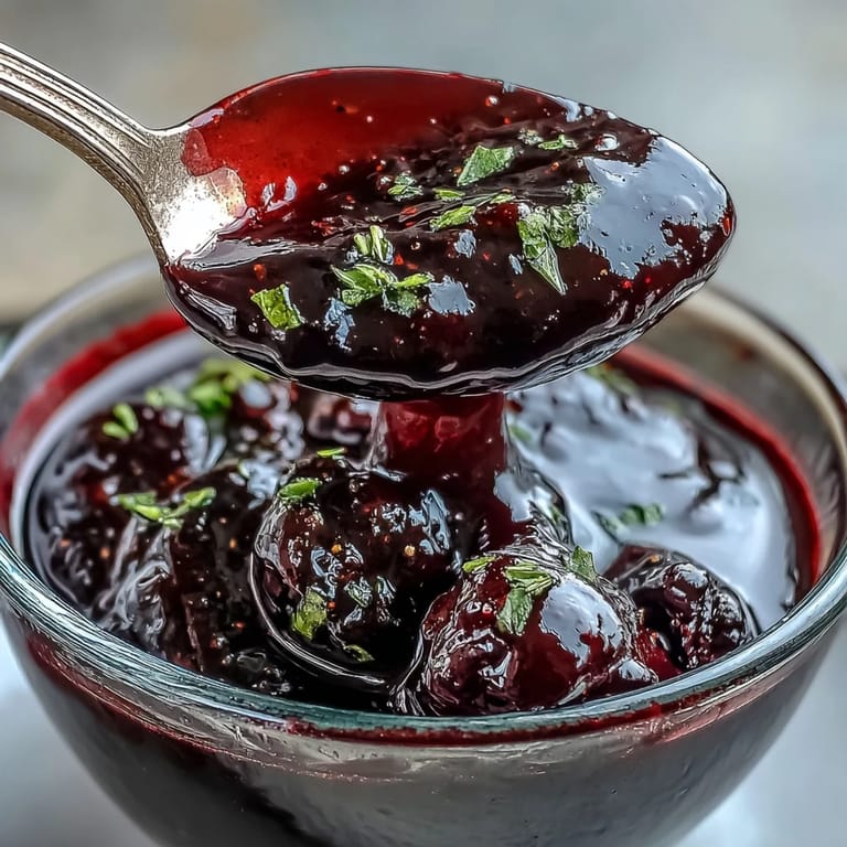 Intensely colored Black Currant Reduction being drizzled onto grilled pork chops for a sweet-tart finishing touch.